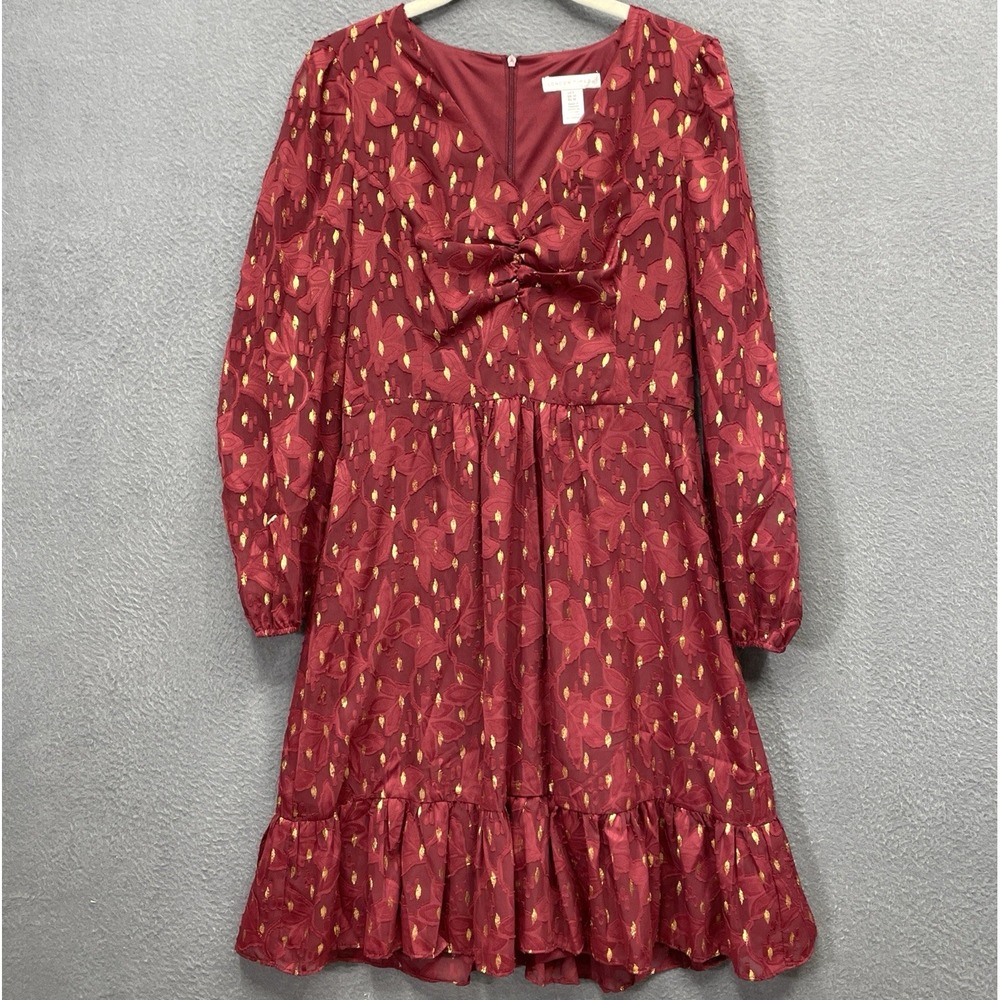 London Times Long Sleeved Dress Sz 6 Fit & Flare Burn Out Burgundy Ruffle Lined